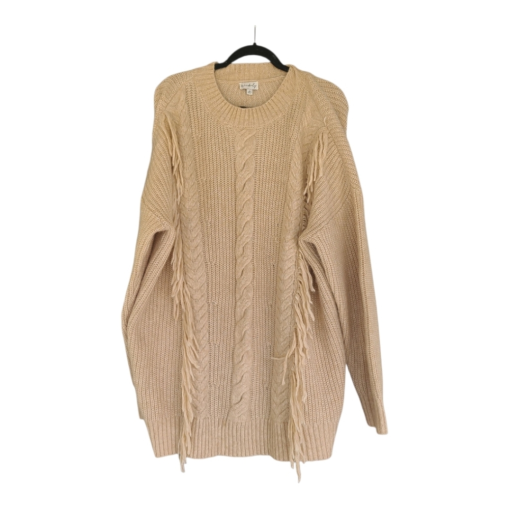 Wonderly Beige Cable Knit Fringe Sweater Boho Cozy Winter Oversized Large